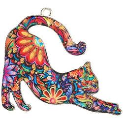 Floral Collage Stretching Cat Enamel Pendant Necklace - AttractionOil.com