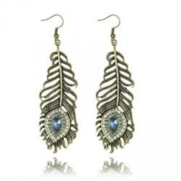 Metal Peacock Feather Crystal Drop Earrings - AttractionOil.com