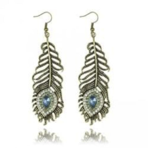 Metal Peacock Feather Crystal Drop Earrings - AttractionOil.com