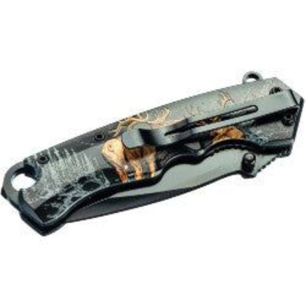 Spring Assisted Clip Point Folding Knife with Deer Design - AttractionOil.com