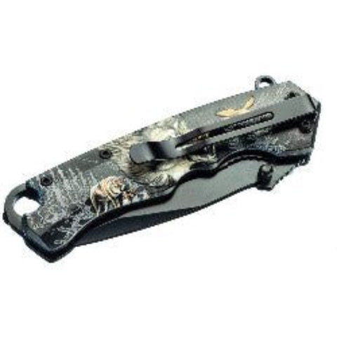 Spring Assisted Clip Point Folding Knife with Wolf Design - AttractionOil.com